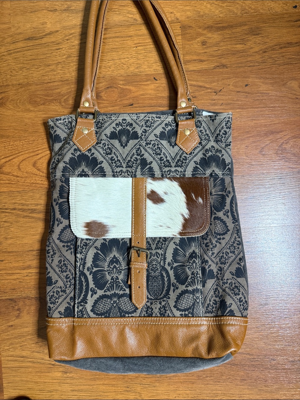 Myra Bag Tan, Brown & Cream Patterned Tote with Cowhide Flap